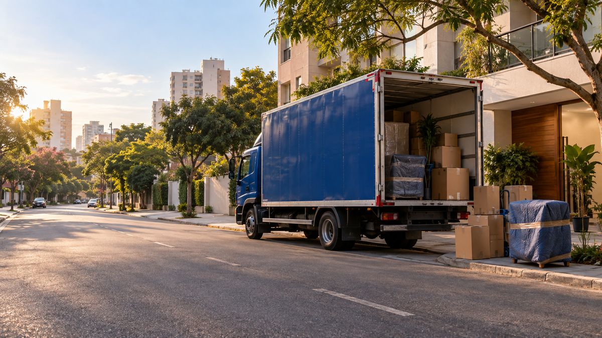 Caminhão de mudança azul em uma rua urbana arborizada, com móveis protegidos para transporte