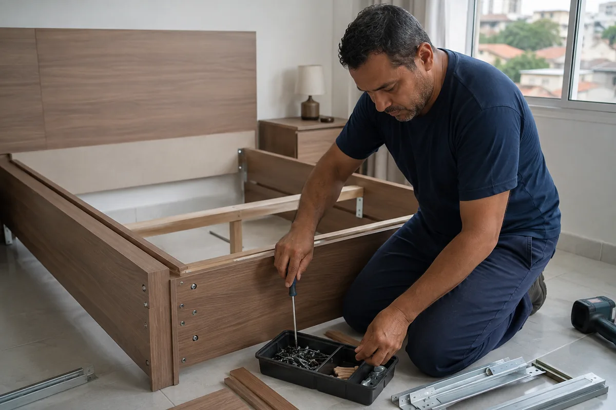 Montagem de cama com organização de ferramentas e ferragens