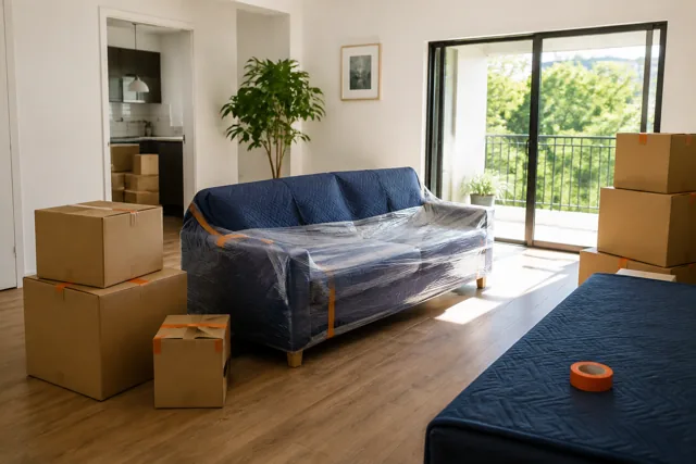 Sofá protegido e caixas preparadas para mudança residencial
